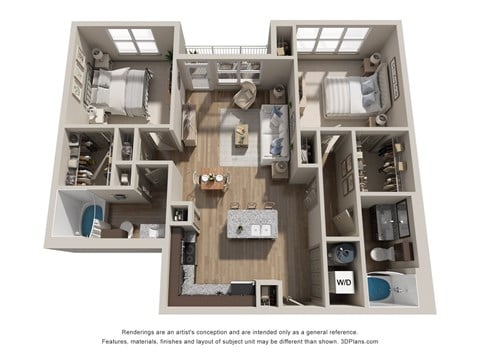 Floor plan for 2 beds, 2 baths, 1151 sqft